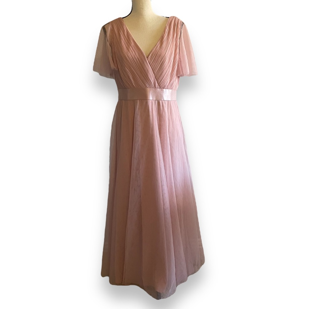Ever Pretty Pink Tulle Pleated V-Neck Evening Gown Bridesmaid Dress Size‎ 14